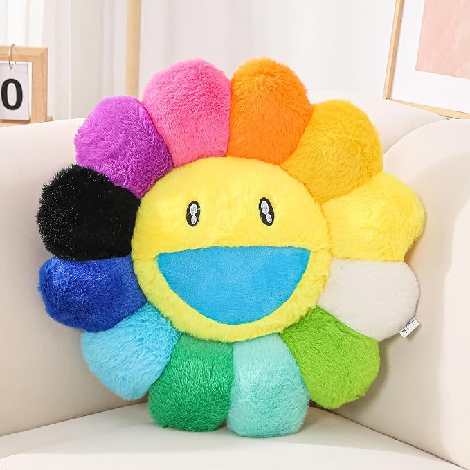 FIONOUT Rainbow Flower Pillow, Smile Face Daisy Plush Cushion, 15.7 Inch | Bright Sunflower-inspired Plush Pillow Adds Warmth And Comfort Charm To Living Rooms, Bedrooms And Dorms.