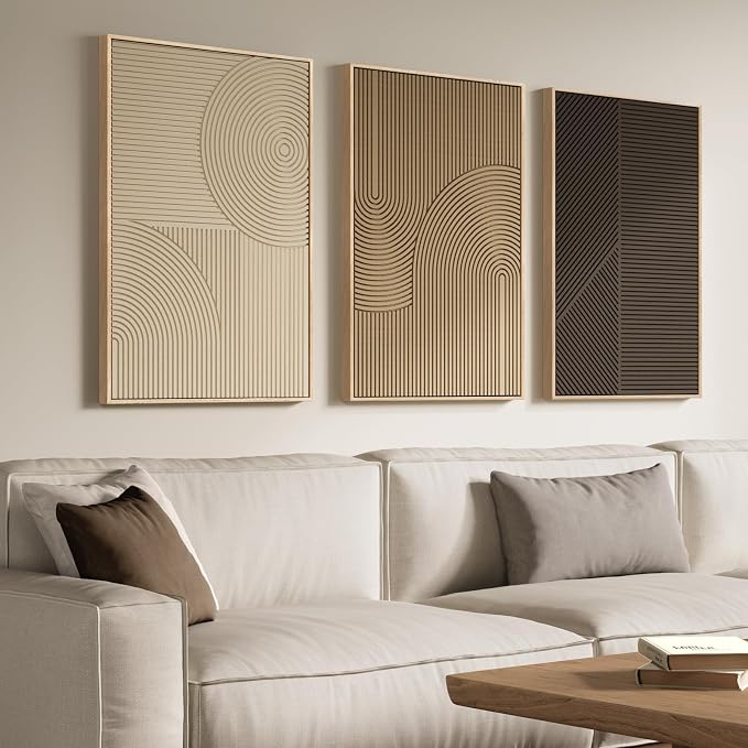 Large 3D Framed Neutral Abstract Wall Art for Living Room, 3 Piece 24x36 In | Solid Wood Frame, Textured Paintings, Beige Brown Tan Geometric Sculptural, Pictures Wall Decor Living room Bedroom Office