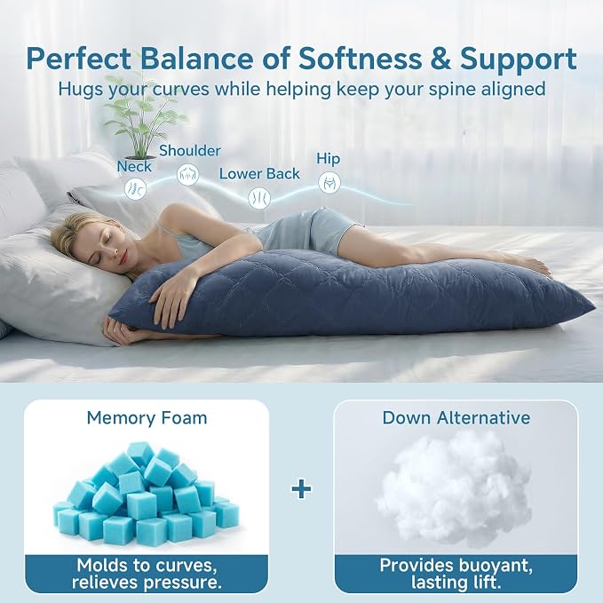 BEDELITE Cooling Body Pillow, Memory Foam Filled, Navy Blue, 20x54 Inches | Soft & Cool-Touch Quilted Nylon-Spandex Cover, Adjustable Fill, Perfect for Side Sleepers, Hot Sleepers, Pregnancy, Back Pain