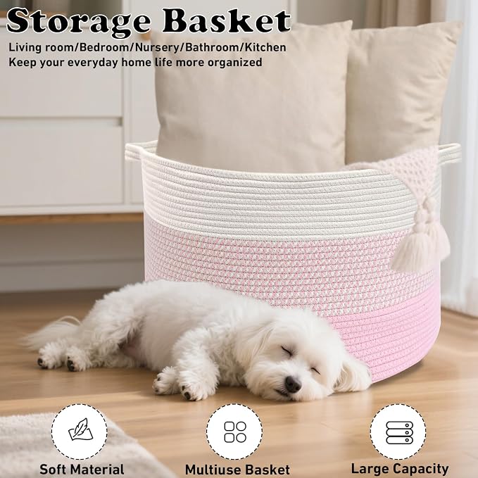 90L Extra Large Blanket Basket,Woven Rope Laundry Basket-Mixed Pink | Collapsible, reinforced handles, nursery storage bin organizes clothes, toys and pillows for living room, bedroom bathroom