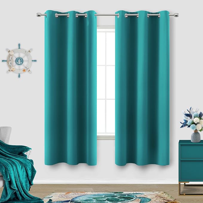 KOUFALL Coastal Decor Marine Teal Curtains 63 Inch Length for Bedroom Ocean Decor Room Darkening Blackout Curtain for Boat Windows Beach Wall Decor