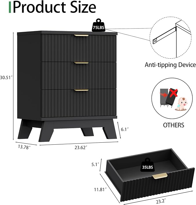 Fluted Dresser for Bedroom with 3 Drawers, 24" Wide Modern Chest of Drawers with Metal Handle, Wooden Dresser TV Stand, Wood Closet Clothes Storage Drawer Organizer for Living Room, Hallway, Black