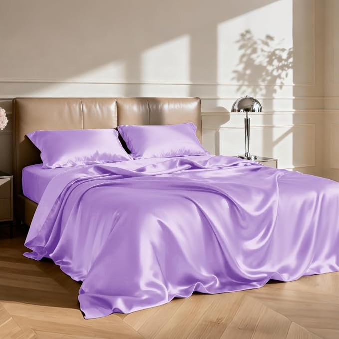 Love's cabin Twin XL Satin Sheet Sets - 3 Piece Lavender Silky Bed Sheets with Deep Pockets, Luxury Silk Feel Satin Sheet Set Twin XL (1 Flat Sheet,1 Fitted Sheet,1 Pillow case)