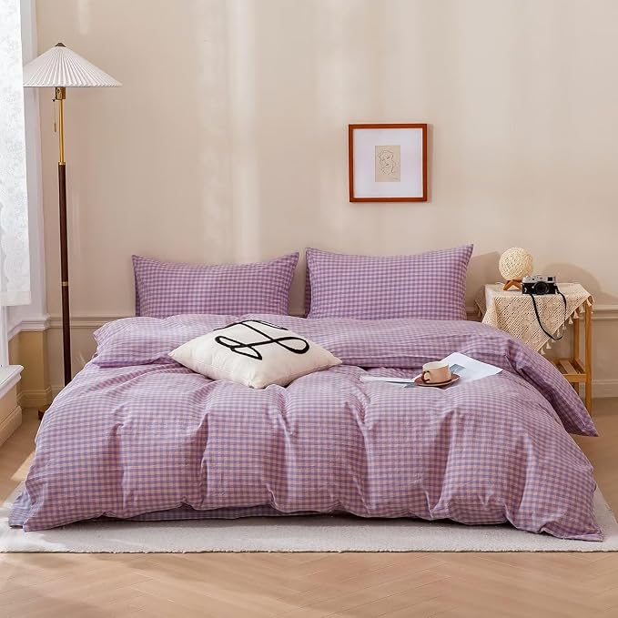 mixinni Purple Gingham Grid Duvet Cover Queen, 100% Washed Cotton Modern Geometric Bedding Set with 2 Pillowcases, Farmhouse Style Yellow Plaid Comforter Cover Set for Men & Women, Soft & Lightweight