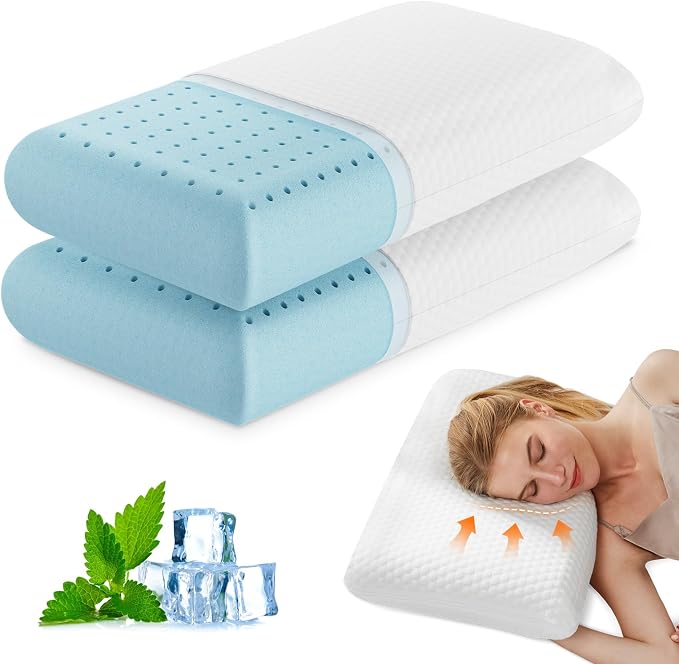 OLIXIS Memory Foam Pillow, Standard Size Bed Pillows for Sleeping, 2 PCS | Firm and Comfortable Support, Bed Pillow for Back and Side Sleepers, Cooling Gel, Breathable Mesh & Washable Cover, White