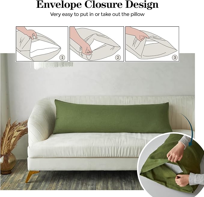 Simple&Opulence Body Pillow Cover 20" x 54",100% Pure Linen, Ultra Soft and Breathable, Body Pillowcase with Envelope Closure for Adults(Olive Green)