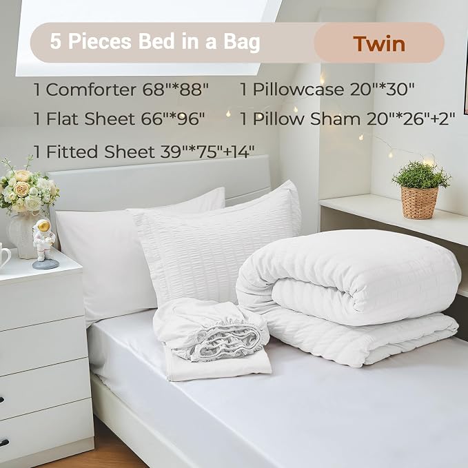 5 Pieces Twin Comforter Set, Seersucker Bed in a Bag Twin Size, All Season Luxury Bedding Set with Comforter, Flat Sheet, Fitted Sheet, Pillowcase & Sham, White