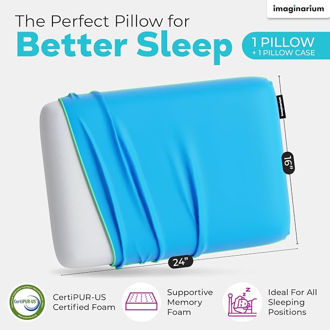 Imaginarium Memory Foam Pillow for Bed - 16" x 24" Standard – Fun Decorative Colorful Pillow for Sleeping - Back, Stomach & Side Sleepers – Includes Cooling Cover (Cosmic Blue)