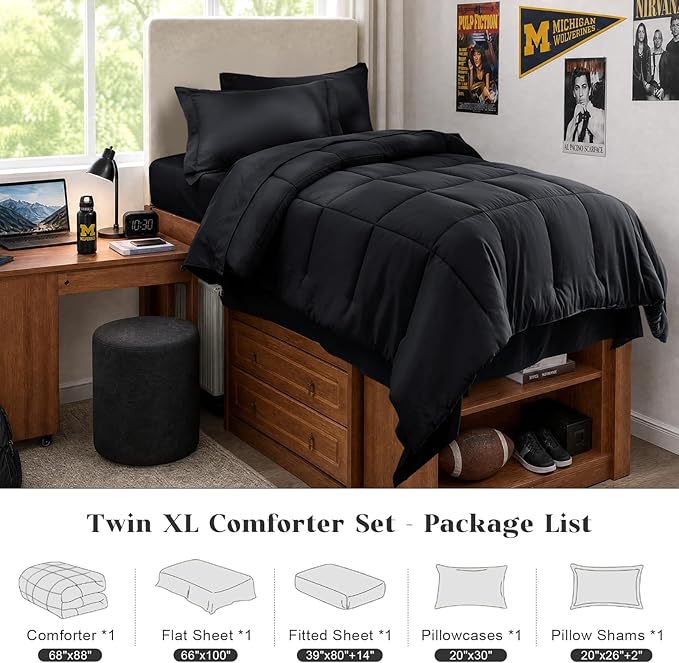 JOLLYVOGUE Twin Comforter Set, Ultra-Soft Bed in a Bag Twin Size 5 Pieces, Oeko-TEX Certified Bedding Set with Down Alternative Comforter, Sheets, Pillowcases & Shams, Black