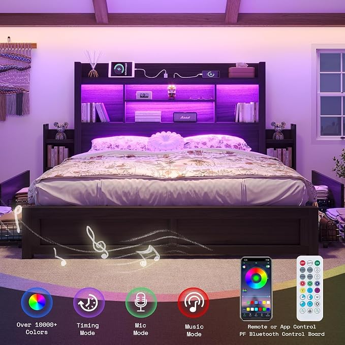 LUXOAK California King Bed Frame with Storage, Bookcase Headboard,Black | 49.6" Headboard, Wood Platform Bed, Charging Station, Bedside Storage, 4 Storage Drawers, No Box Spring Needed, Farmhouse