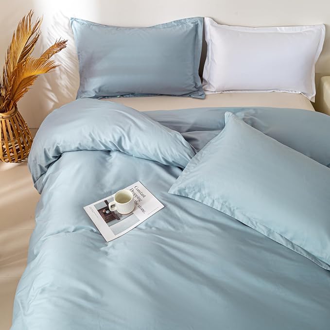 OAITE Duvet Cover Set 100% Washed Cotton Solid 3pcs | Soft,Durable,Long-staple Cotton,Hidden Zipper with 8 Interior Corner Ties,2 Pillowcases
