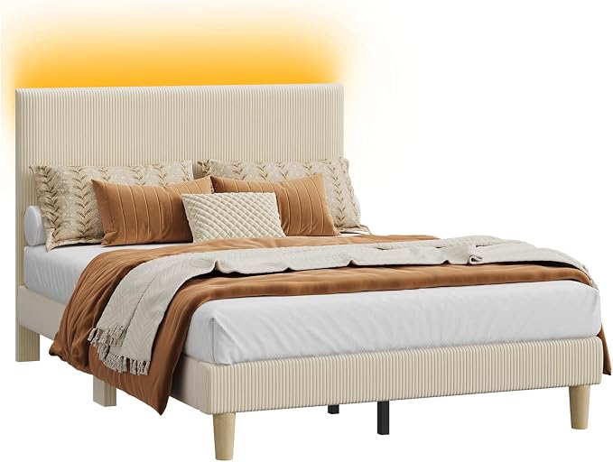 Bestier Full Bed Frame with Adjustable Headboard,LED Light,Beige | LED Lighting Headboard,Easy Assembly,No Squeaks,Vertical Channel Corduroy Upholstered,Wood Slats Support,No Box Spring Needed