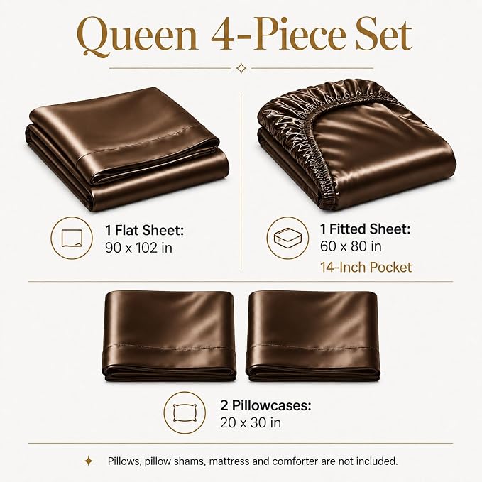 CozyLux Satin Sheets Queen, 4-Piece 14-Inch Deep Pocket Sheet Set | OEKO-TEX Certified Silky Soft Sheet Set for Hair & Skin, Luxurious Silky-Smooth Satin for Elegant Bedroom Decor, Brown