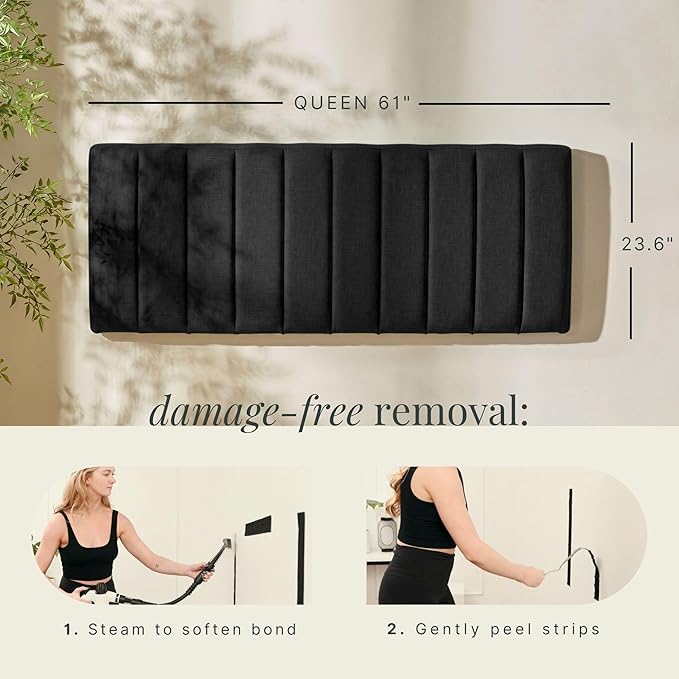 Nestl Upholstered Queen Headboard - Easy Assemble Channel Stitched Headboard Queen Size - Wall Mounted Headboards with 3D Soundproof Wall Panels Peel & Stick Floating Headboards, Black