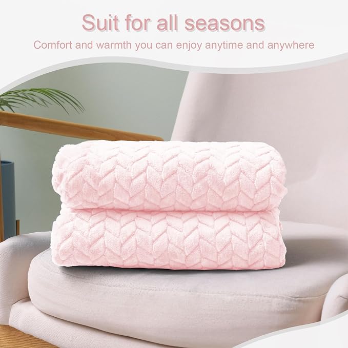 Exclusivo Mezcla Fleece Throw Blanket for Couch Sofa, 50”x70”, Light Pink | Oversized Soft Cozy Fluffy Blankets for Summer, Decorative Plush Flannel Throws for Living Room, Bedroom with Leaves Pattern