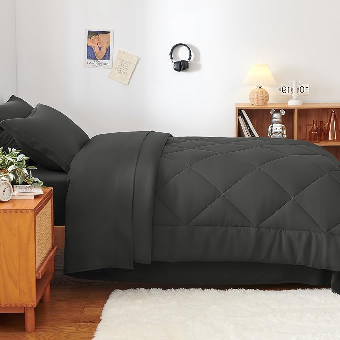 Twin Comforter Set with Sheets Dark Grey - 5 Pieces Bed in a Bag | OEKO-TEX Certified, All Season, Teen, Single, Dorm, 240GSM Down-Alternative Comforter, Sheets, Pillowcase & Sham, Easy Care