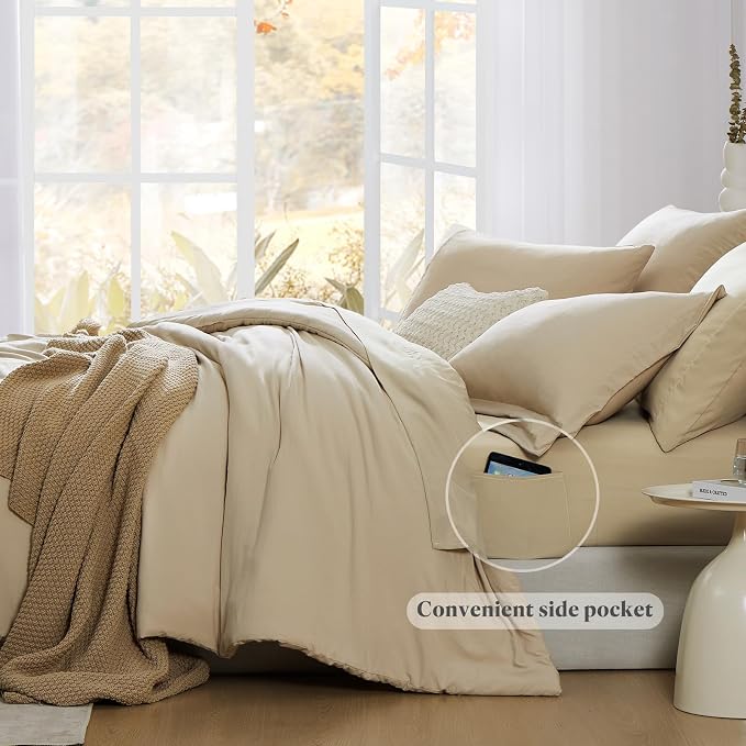 King Size Comforter Set- 7 Pieces Prewashed Bed in a Bag King Bedding Sets | Soft All Season Comforter with Sheets, Pillow Shams & Pillowcases, Beige