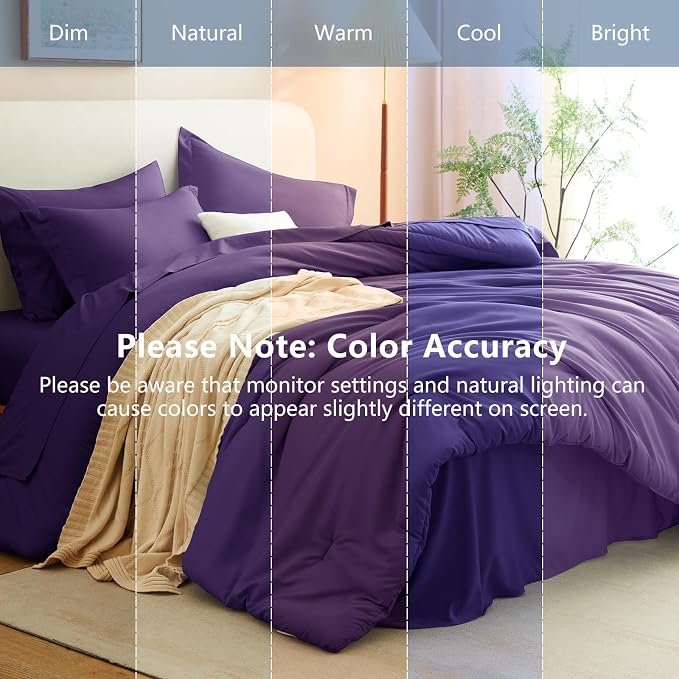 Full Size Comforter Set Purple, 7 Pieces Bed in a Bag | OEKO-TEX Certified, All-Season, Bedroom, 240GSM Down Alternative Comforter, Flat & Fitted Sheets, 2 Pillowcases & 2 Shams