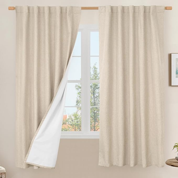 100% Blackout Linen Curtains 63 Inches 2 Panels with White Liner | Thermal Insulated, Room Darkening, Bedroom Curtains, Rod Pocket Back Tab, Panels for Short Windows, Linen, 42 x 63 Inch
