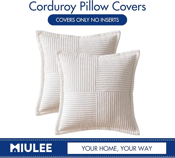 MIULEE Decorative Throw Pillow Covers for Couch 20x20 Inch White 2 Pack | Boho Broadside Striped Patchwork Pillow Covers, Soft Corduroy Cushion Cases, For Sofa Bed Livingroom Home Decor
