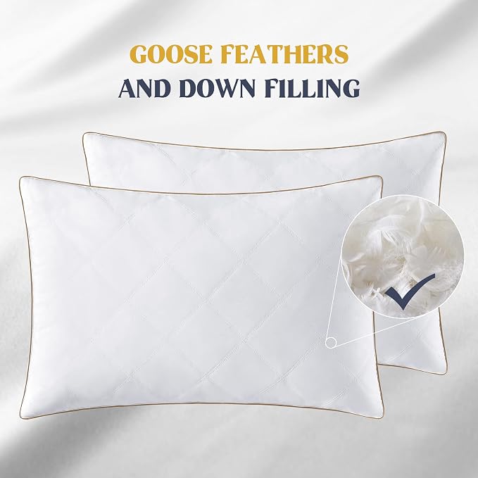 puredown® Goose Feathers and Down Pillow with Diamond Quilting with 100% Cotton Cover, Pack of 2, Queen Size