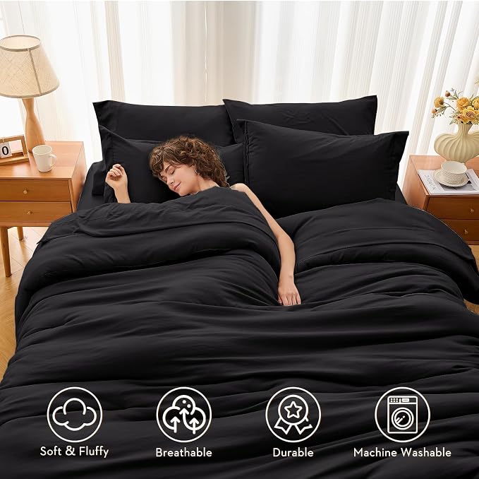 7 Pieces King Comforter Set, Soft Bed in a Bag King Size, All Season Bedding Set with Comforter, Flat Sheet, Fitted Sheet, Pillowcases & Shams, Black