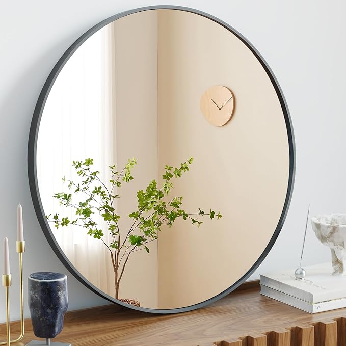 Sweetcrispy Round Bathroom Wall Mirror, Vanity Mirror, 24 Inch | Matte Metal Frame, Over Sink Entryway Bedroom Decor, Hanging Home Style, Black