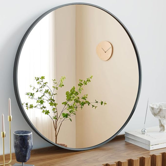 Sweetcrispy 30 in Round Bathroom Wall Mirror, Vanity Mirrors for Over Sink | Matte Metal Frame, Mirros for Entryway, Bedroom, Home Decor, Hang Mounted Frame, Black