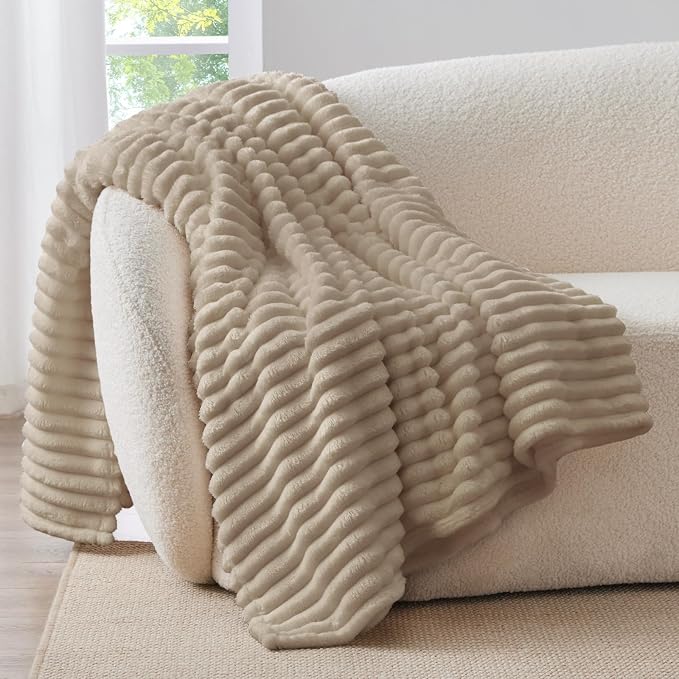 BEDELITE Ribbed Twin Blanket for Couch & Bed, Linen, 60"x80" | Ultra-Soft Plush Fleece, Cozy, Warm Yet Lightweight, Ribbed Texture, Home Decor, Machine Washable, Giftable, All-Season Use