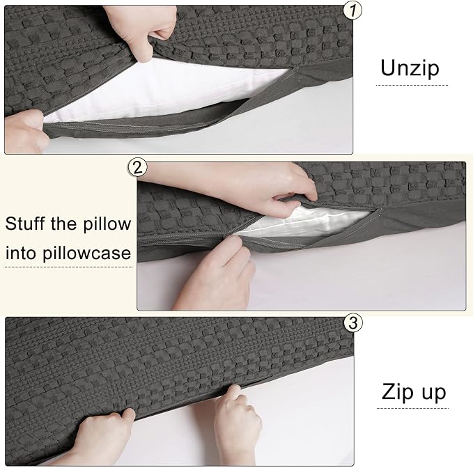 PHF 100% Cotton Waffle Body Pillowcase with Zipper, 1 Pack 20" x 54" Soft Skin-Friendly Pillow Sham, No Filling, Aesthetic Woven and Breathable Waffle Weave Body Pillow Cover for Bed, Charcoal Grey