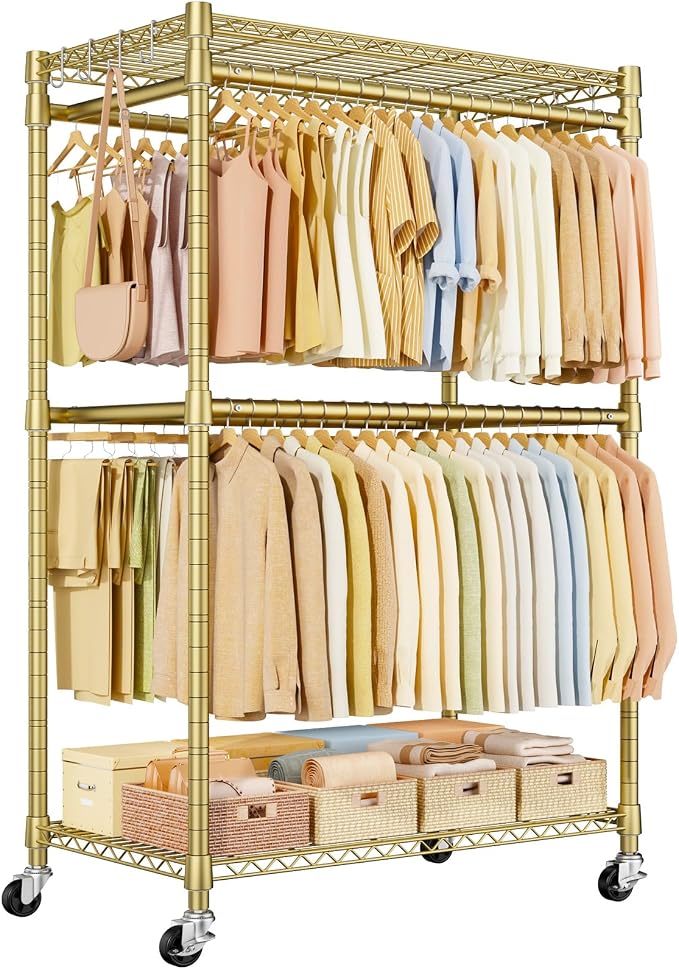 Rolling Clothes Rack, Clothing Racks for Hanging Clothes, Gold | P4 Plus Heavy Duty Garment Rack with Wheels, Free Standing Portable Closet Racks 45''W × 20.5''D × 80.5''H, Max Load 570 Lbs