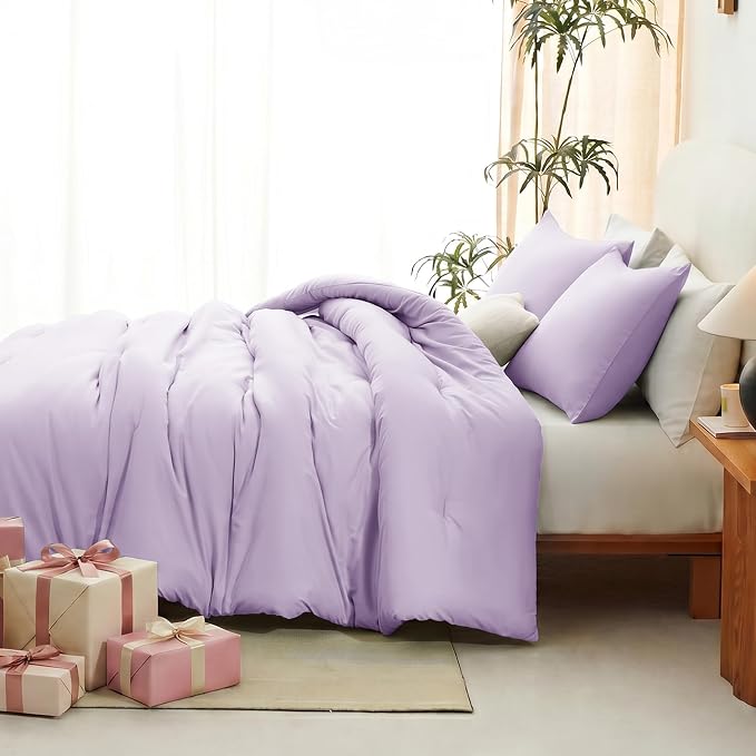 Oversized King Comforter Set, 3 Pieces Lavender Quilted Bedding | 270 GSM Down Alternative Fill, 4 Corner Ties for Duvet Insert Use, All Season, OEKO-TEX Certified, 2 Pillowcases, 120 x 98 in