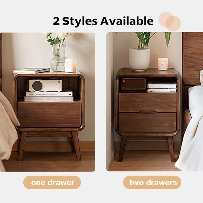 Solid Wood Nightstand Set of 2, Walnut Night Stand with 2 Drawers and Open Storage, Bedside Table for Bedroom, Mid Century Modern Nightstands for Dorm