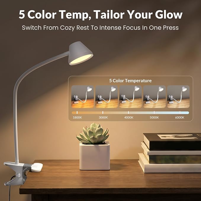 LEPOWER Clip on Light, Reading Lights for Books in Bed, 400LM, RG0 Eye-Care | 5 Colors & Stepless Dimming, Amber Glow Light & Auto Timer, Up to 2.3" Strong Clamp with Adapter for Headboard, Bedside, Desk