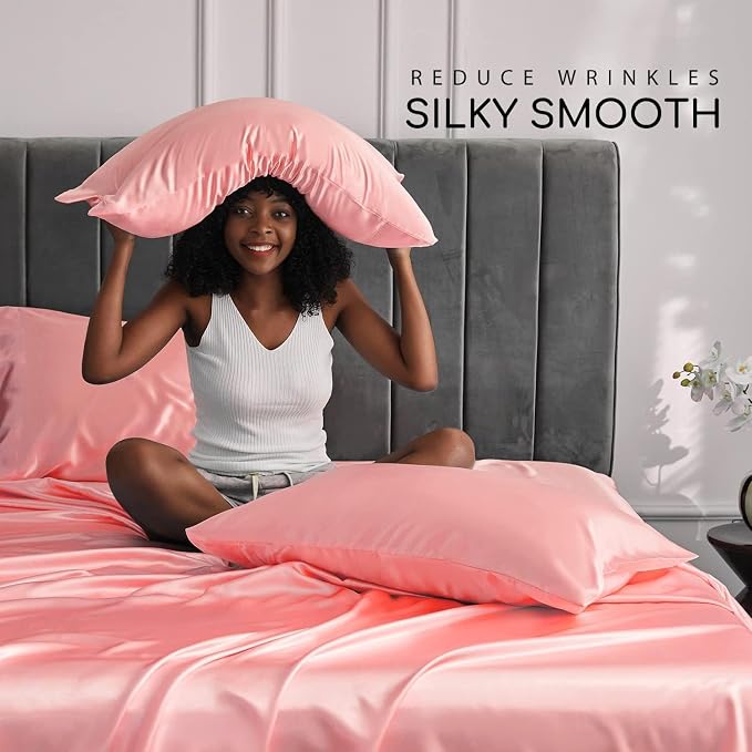 MR&HM Satin Sheets Twin Size with Elastic Corner Straps, Blush | Similar to Silk, 3-Piece Silky Soft Bed Sheet Set, Gentle on Skin and Hair, 15" Deep Pocket, Cooling & Breathable