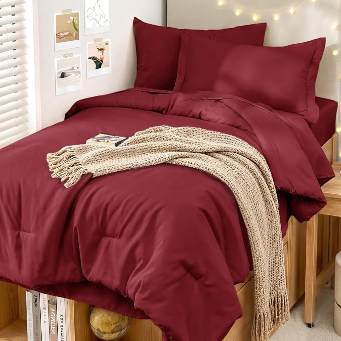 5 Pieces Twin XL Comforter Set, Soft Bed in a Bag Twin XL Size, All Season Bedding Set with Comforter, Flat Sheet, Fitted Sheet, Pillowcases & Shams, Burgundy Red