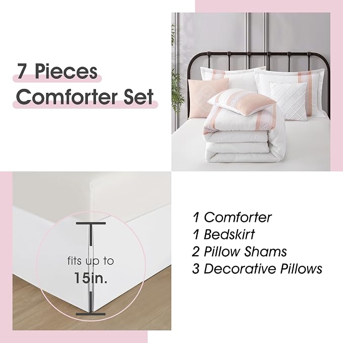 7 Piece Comforter Set, Pink White, Queen Size, Boho Style Geometric Microfiber Embroidery, Bed in a Bag with Bedskirt, Pillow Shams and Decor Pillows