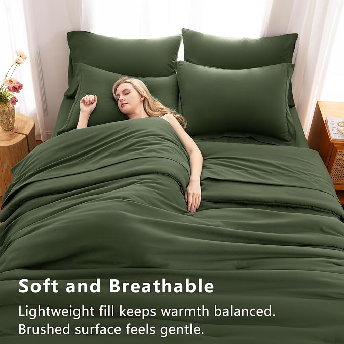 Oversized Queen Comforter Set Olive Green, 7 Pieces Bed in a Bag | OEKO-TEX Certified, All-Season, Bedroom, 240GSM Down Alternative Comforter, Flat & Fitted Sheets, 2 Pillowcases & 2 Shams