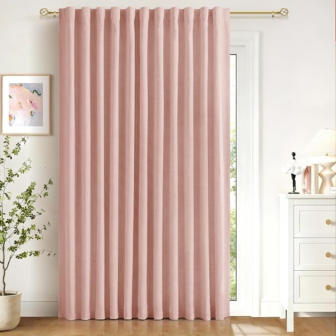 Linen Textured Total Blackout Sliding Door Curtains 90 Inches Long, Blush Pink