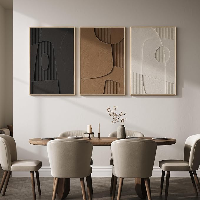 3D Textured Large Framed Abstract Wall Art for Living Room, 3Piece 24x36 In | Wood Frames, Neutral Black White Brown Sandstone Paintings, Modern Artwork for Walls, Geometric Wall Decor Bedroom Office