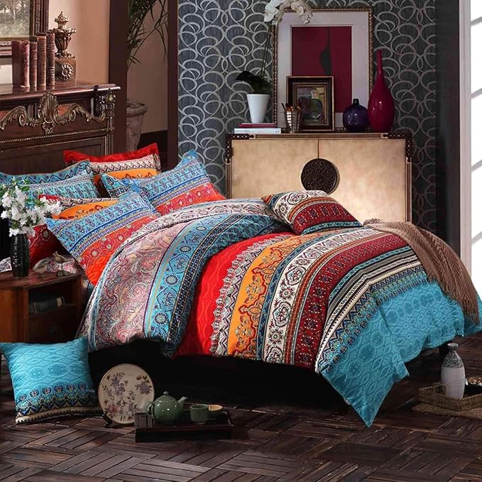 Bohemian Queen Comforter Set Soft Chic 3 Pieces Bedding Boho Comforter Set Lightweight Exotic Red Teal Mandala Colorful Vintage Comforter Bed Set for All Seasons