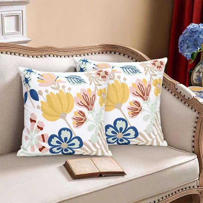 Pack of 2 Embroidered Decorative Throw Pillow Cover 18x18 Inch Farmhouse Floral Pillowcase for Living Room Sofa Bed (Floral)