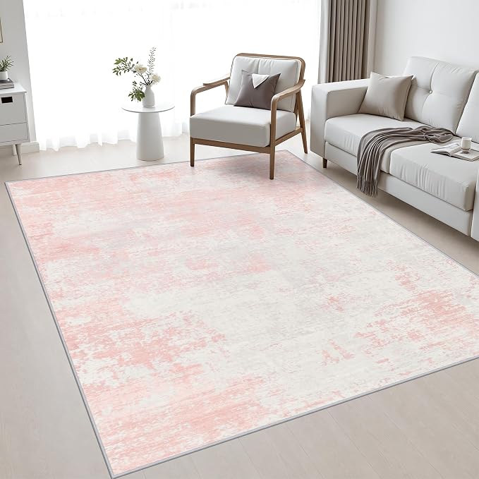 Area Rug Living Room: 4x6 Modern Washable Soft Carpet Pink White | For Bedroom Dining Room Farmhouse Nursery Hallway Office,Modern Abstract,Machine washable,Non-Slip,Stain Resistant,Indoor