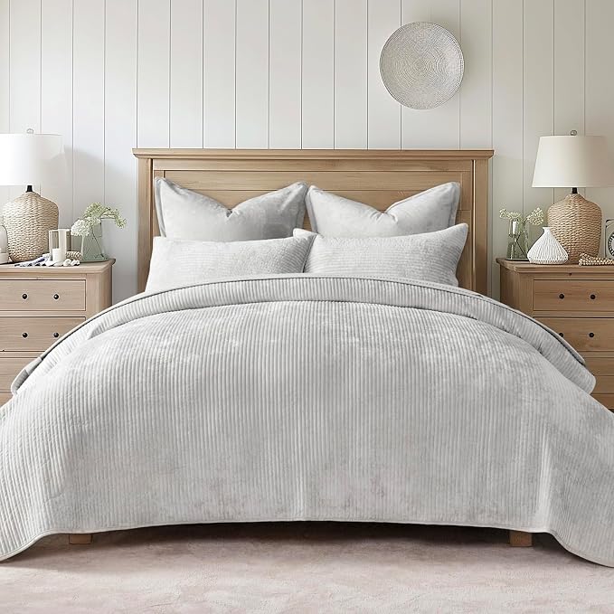 EverGrace Striped Channel Velvet Quilt Set, Queen Size, Frost Gray | Luxurious Soft Lightweight Velvet Comforter, Oversized Bedspread Coverlet, Quilted Bedding Set for All Season, with 2 Shams