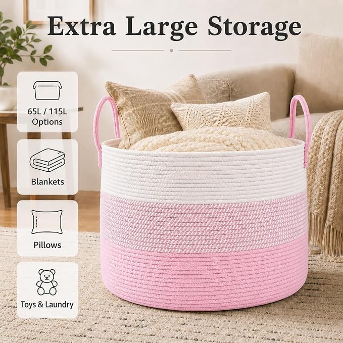 JMvicyroam 65L Extra Large Blanket Basket for Living Room - Woven Cotton Rope Laundry Hamper with Reinforced Handles - Storage Bin for Pillows, Comforters & Toys - Machine Washable,White&Pink Mix