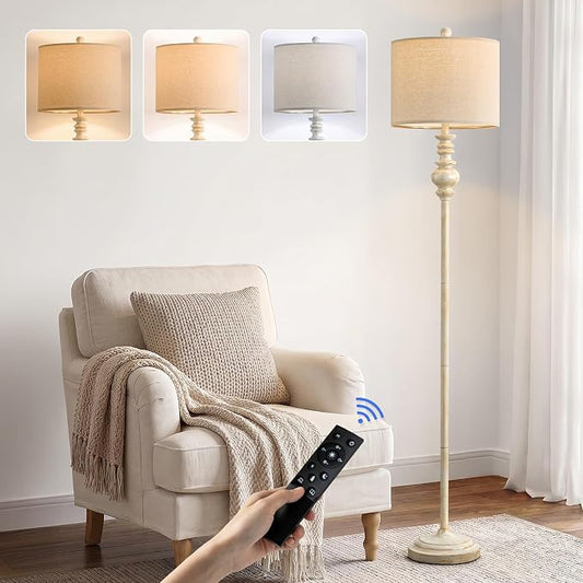 BOBOMOMO 64.25" Farmhouse Floor Lamp with Remote, Dimmable Floor Lamp with Adjustable Color Temperatures, Antique White Floor Lamp with Gold Accents for Living Room Corner, Bedroom, 9W Bulb Included
