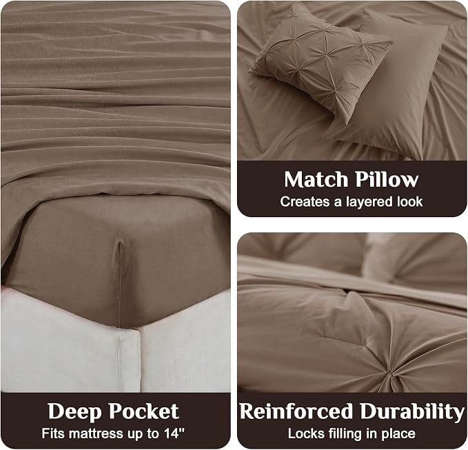 JOLLYVOGUE Twin Comforter Set 5 Pieces - Bed in a Bag Twin for All Season, Pintuck Bedding Comforter Sets with Comforter, Flat Sheet, Fitted Sheet and Pillowcases & Shams, Brown