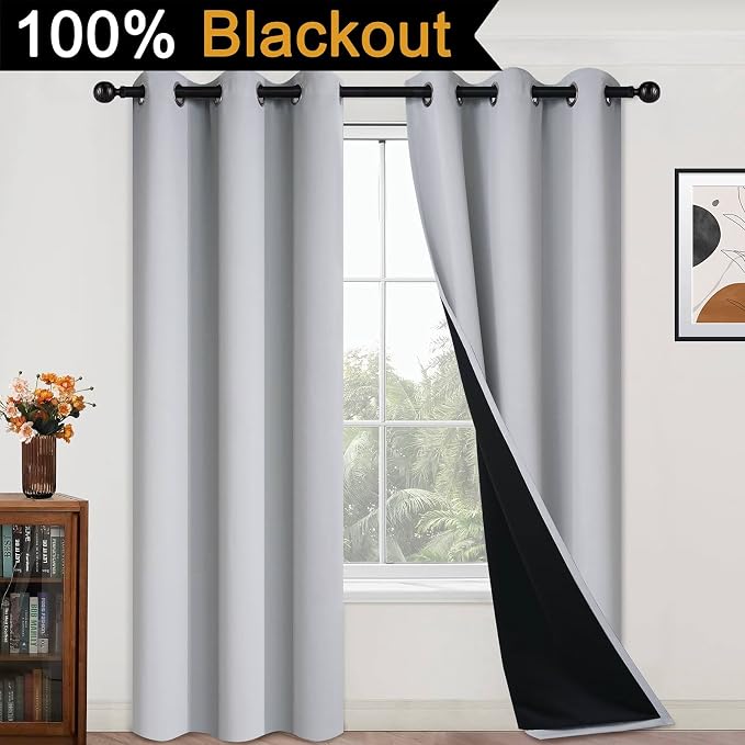 Yakamok Light Grey 100% Blackout Curtains 84 Inches Long 42" Wide 2 Panel | Blackout Curtain Panels for Bedroom, 2 Thick Layers Grommet Top Thermal Insulated Drapes with Black Liner for Living Room