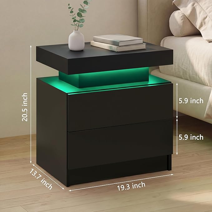 i-aplus Black Modern LED Nightstand Set of 2 with 2 Wood Drawer for Bedroom | Nightstands with App-Controlled RGB LED Lights, Night Stand with Storgae Drawer, Modern Bedside Table for Bedroom