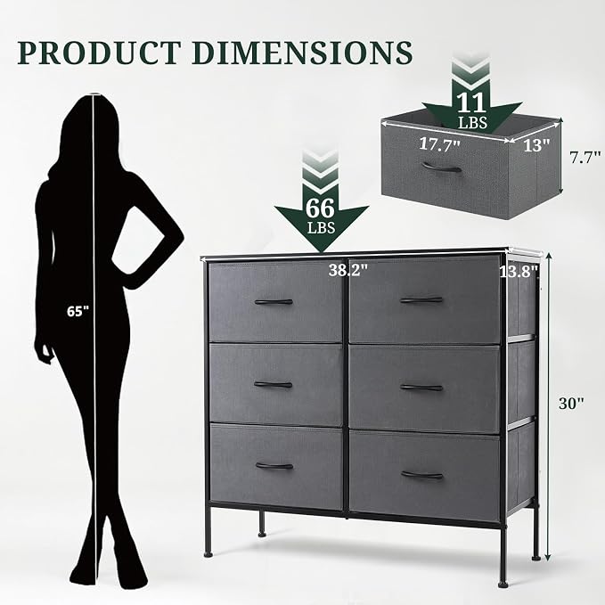 6-Drawer Dresser for Bedroom, Anti-Tip Wide Storage Organizer | Chest of Drawers with Wooden Top and Metal Frame Fabric Bins for Closet, Living Room, Hallway, Entryway, Gray